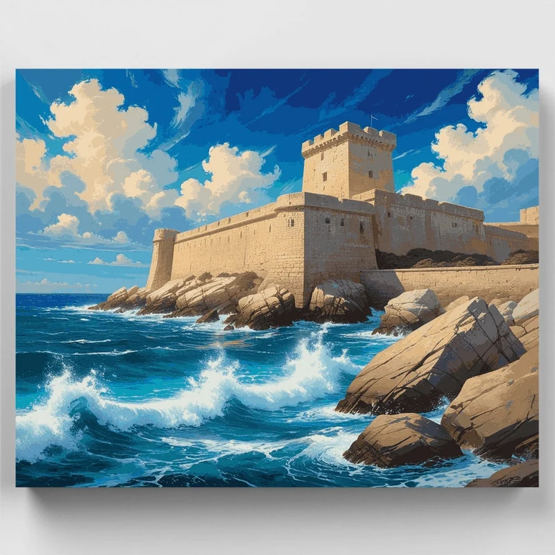 Coastal Fortress with Crashing Waves - Paint by Numbers Kit