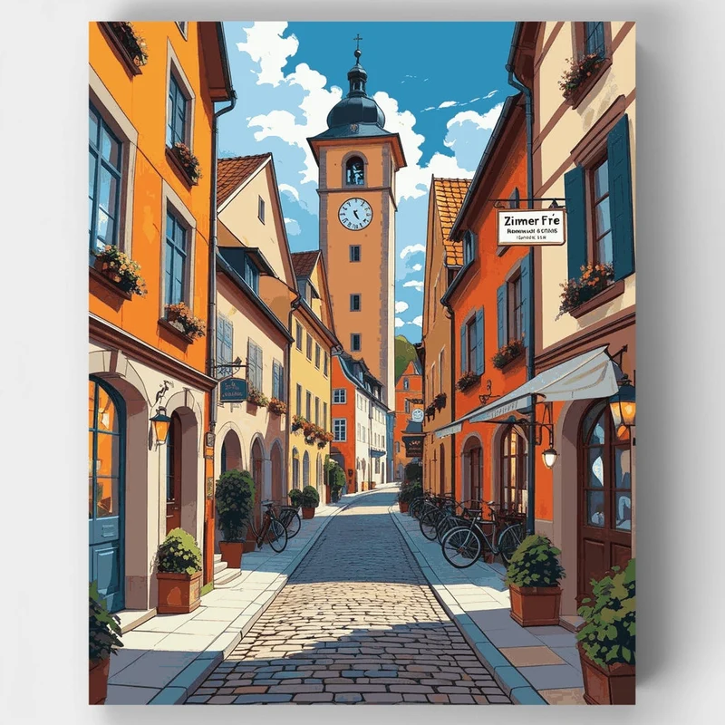 European Village Street with Clock Tower - Paint by Numbers Kit