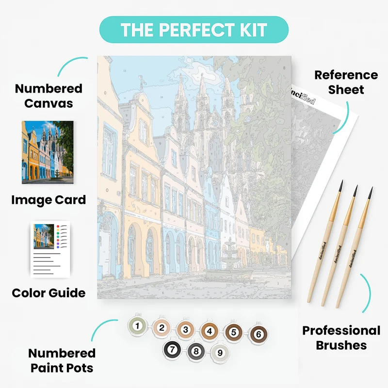 Colorful European Town Square Clear Sky - Paint by Numbers Kit