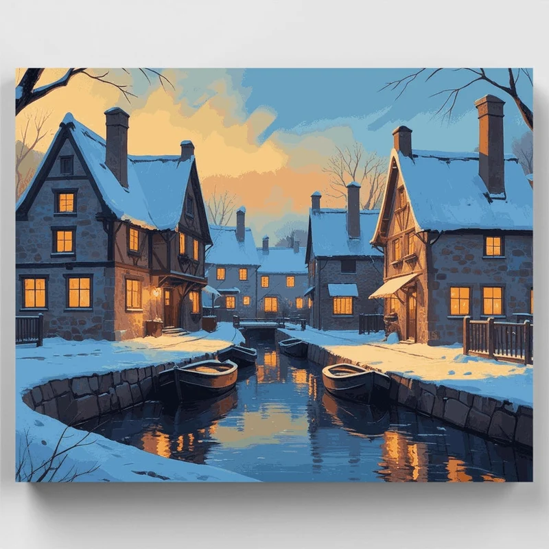 Snowy Village Canal with Boats - Paint by Numbers Kit