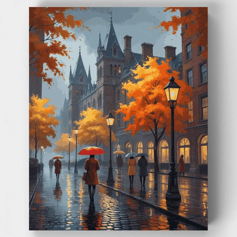 Rainy Autumn Street Scene - Paint by Numbers Kit