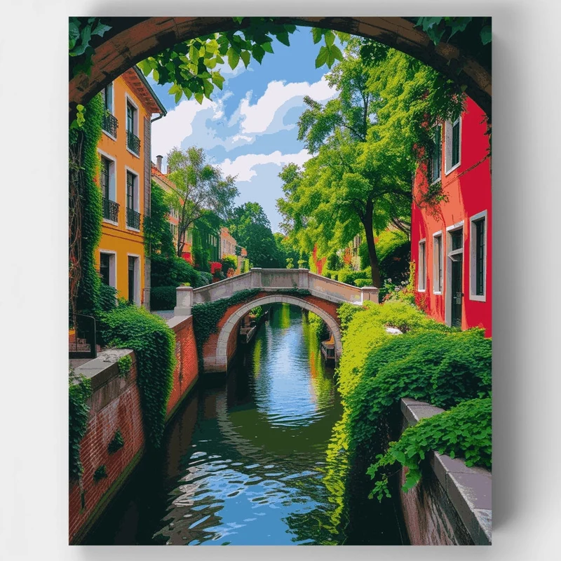 Leafy Canal Bridge Scene - Paint by Numbers Kit