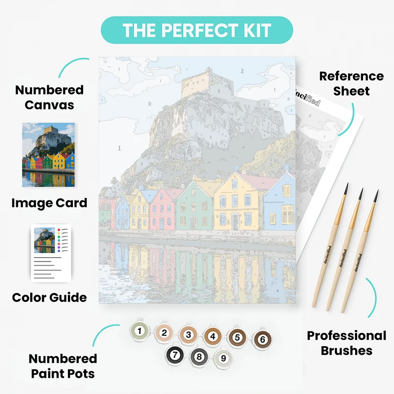Colorful Waterfront Castle Village - Paint by Numbers Kit
