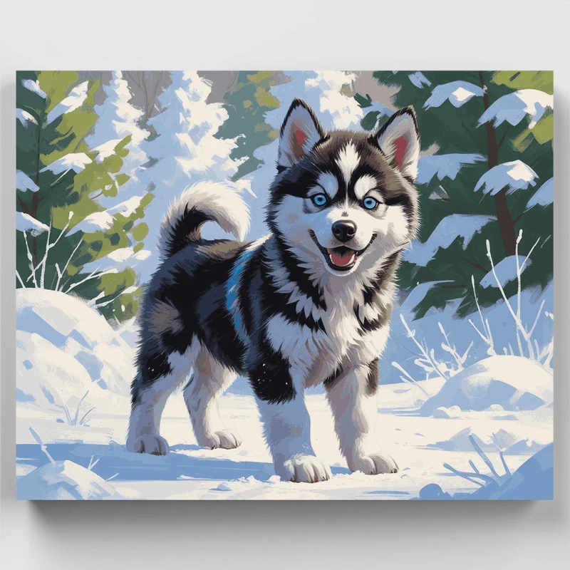 Husky Puppy in Winter Wonderland - Paint by Numbers Kit
