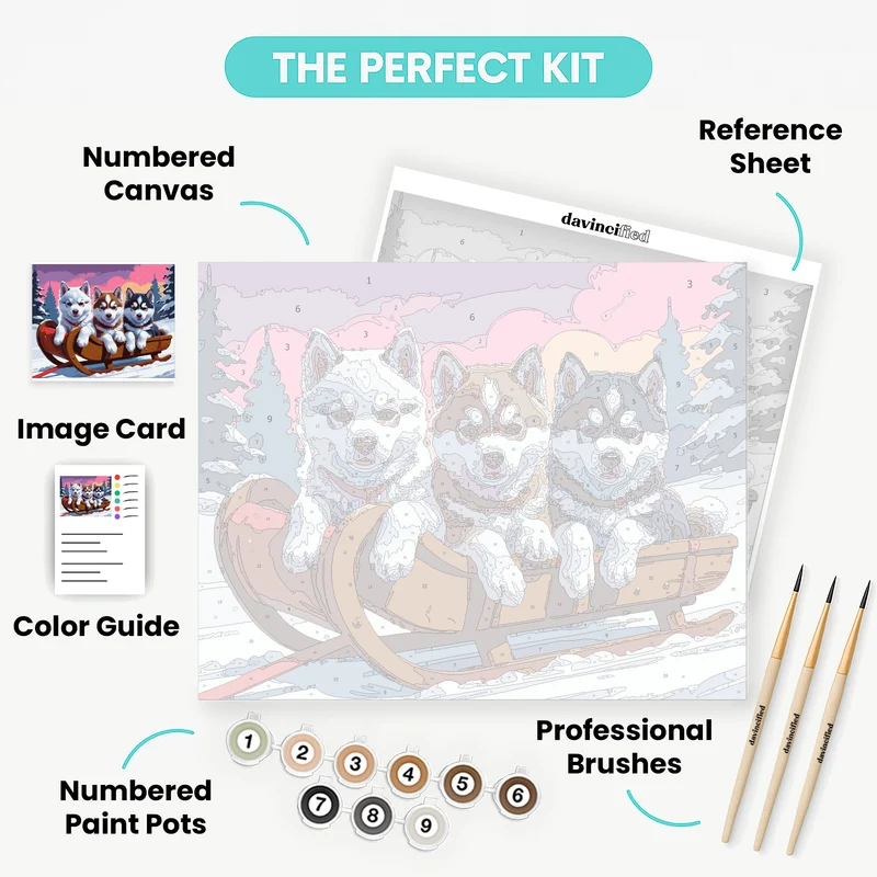 Husky Puppies on a Winter Sled - Paint by Numbers Kit