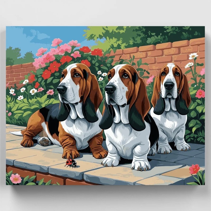 Three Basset Hounds in a Garden - Paint by Numbers Kit