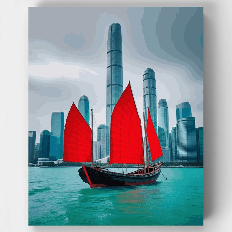 Traditional Red Sail Junk Boat in Hong Kong Harbor - Paint by Numbers Kit