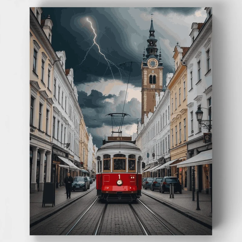 Vintage Tram Lightning Storm - Paint by Numbers Kit