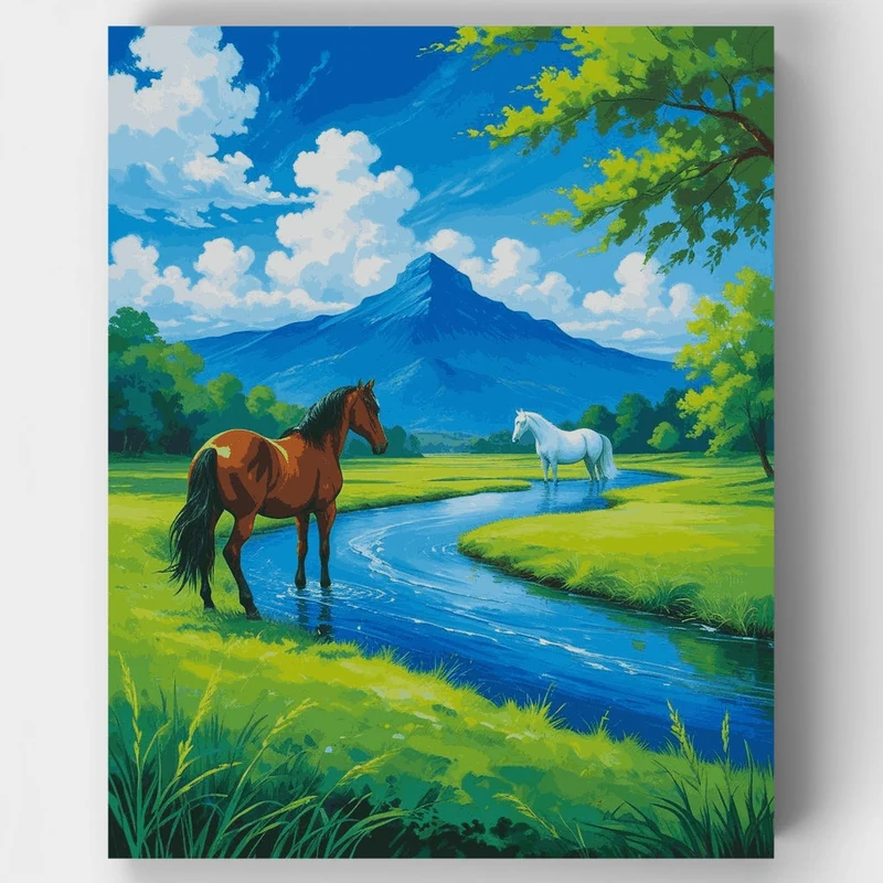Horses by Mountain Stream - Paint by Numbers Kit