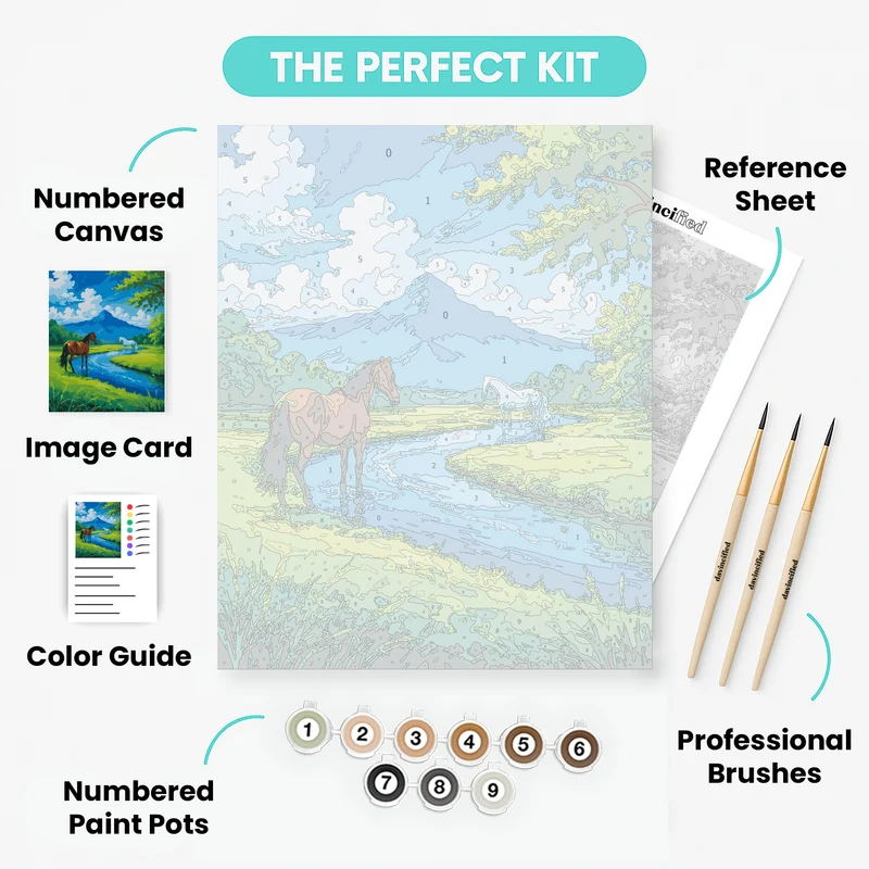Horses by Mountain Stream - Paint by Numbers Kit