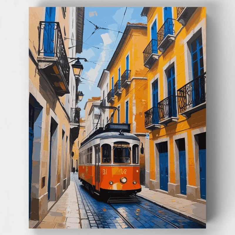 European Tram Street Scene - Paint by Numbers Kit