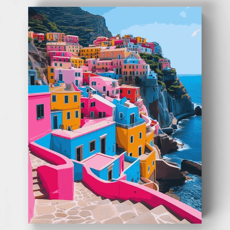Vibrant Cliffside Mediterranean Village - Paint by Numbers Kit
