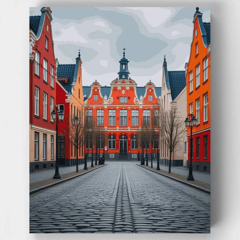 Cobblestone Street with Historic Town Hall - Paint by Numbers Kit
