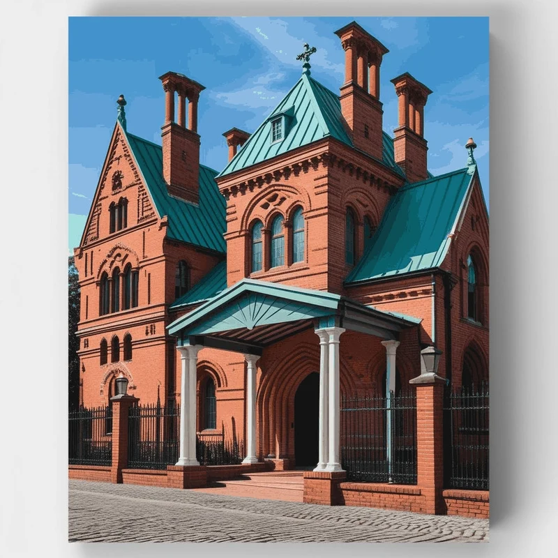 Historic Red Brick Church with Green Copper Roof - Paint by Numbers Kit