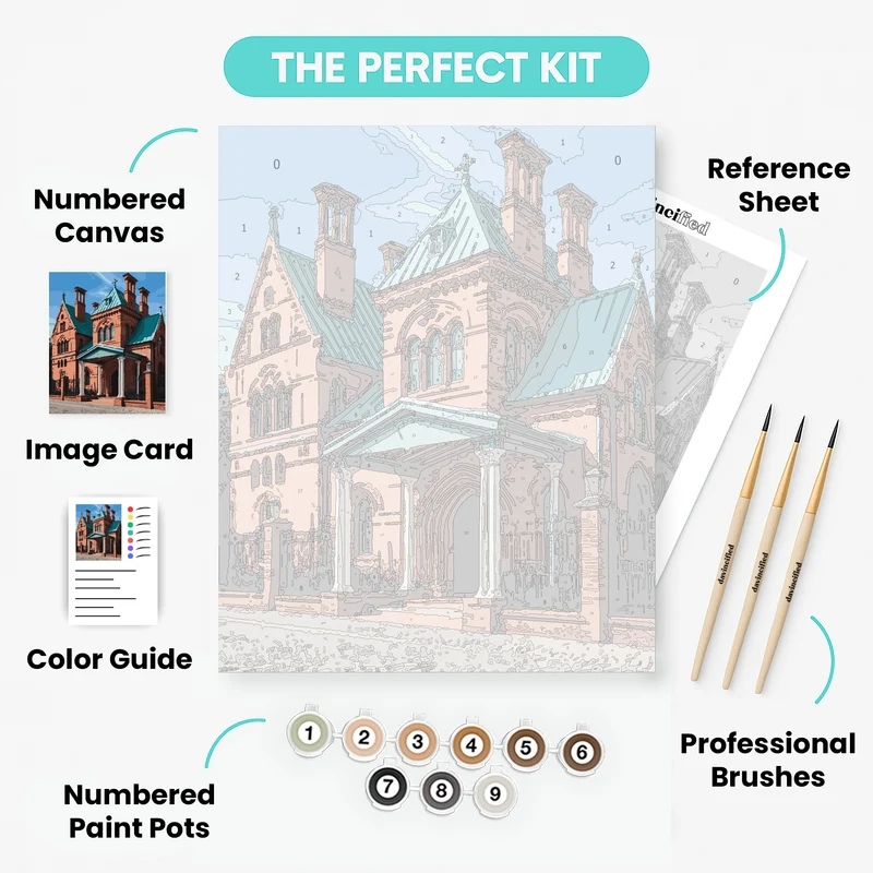 Historic Red Brick Church with Green Copper Roof - Paint by Numbers Kit