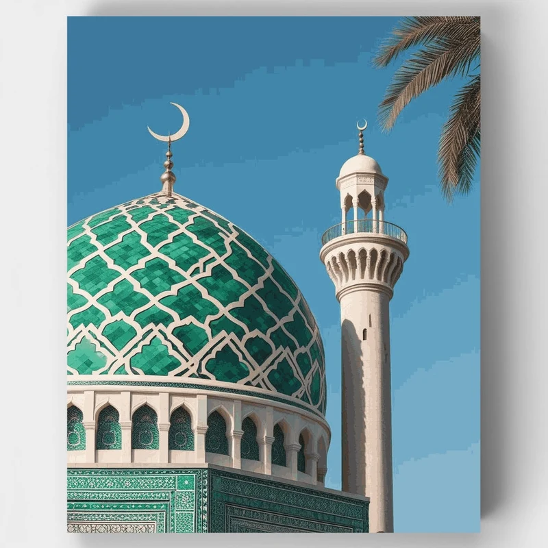 Mosque with Green Dome and Minaret - Paint by Numbers Kit