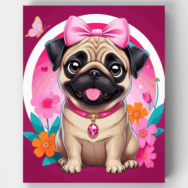 Adorable Pug Princess with Pink Bow - Paint by Numbers Kit