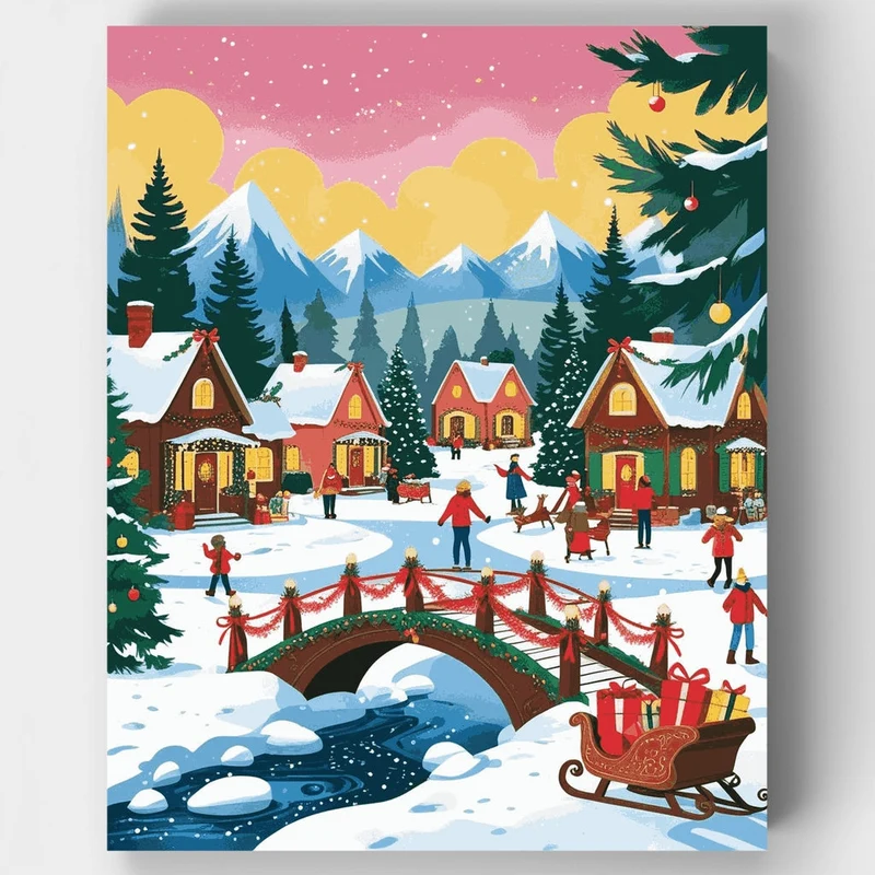 Charming Christmas Village Scene - Paint by Numbers Kit