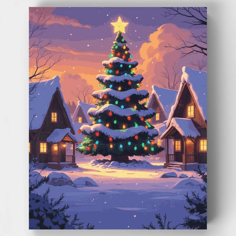 Magical Christmas Village with Glowing Tree - Paint by Numbers Kit