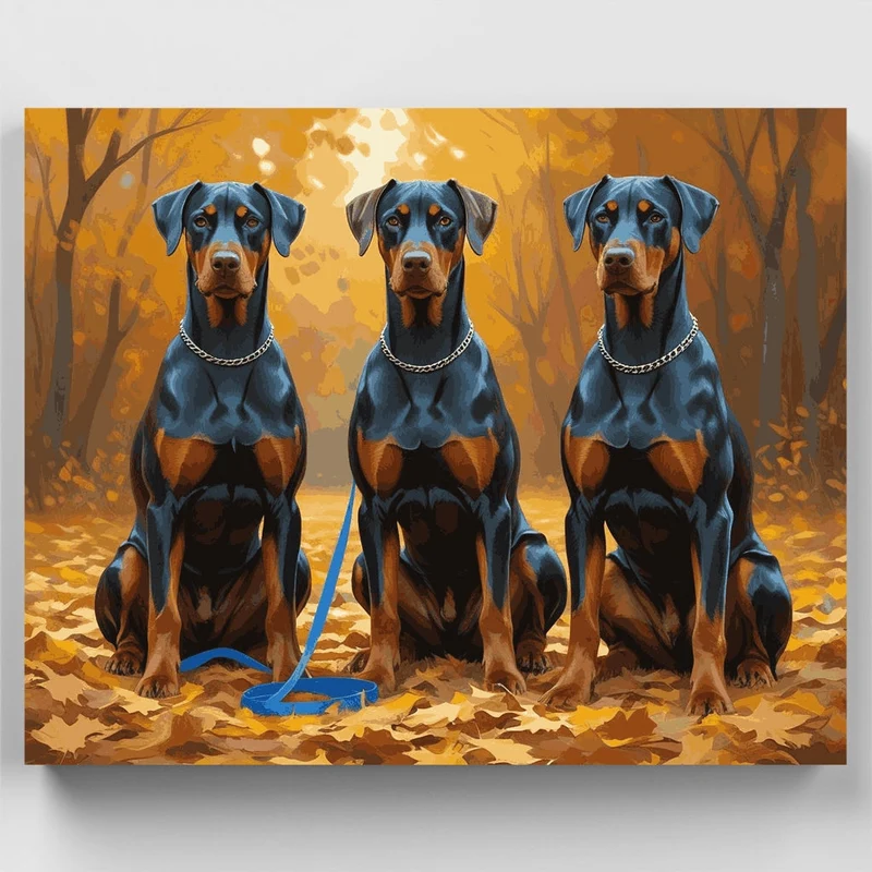 Three Dobermans in Autumn Forest - Paint by Numbers Kit