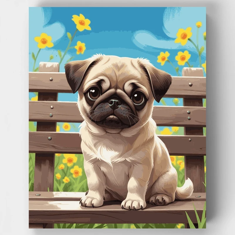 Adorable Pug Puppy on Bench - Paint by Numbers Kit