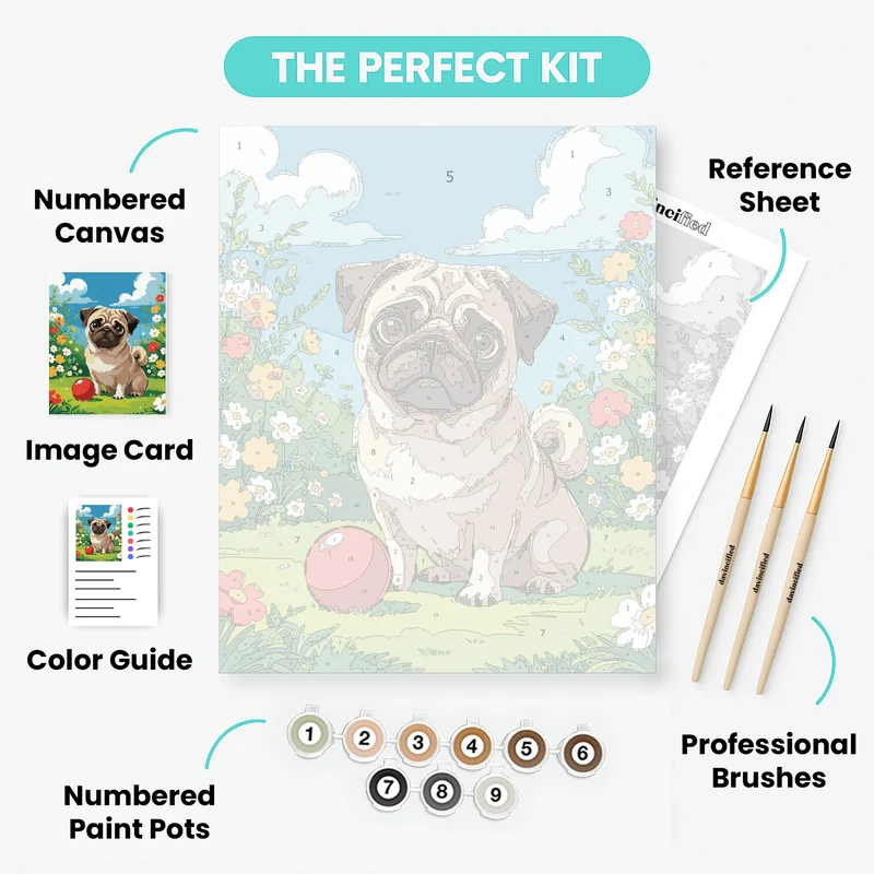 Adorable Pug in a Flower Garden - Paint by Numbers Kit