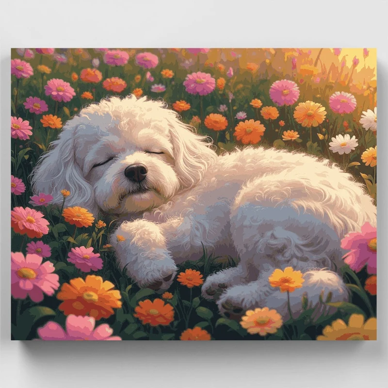 Bichon Frise Resting in Colorful Flower Garden - Paint by Numbers Kit