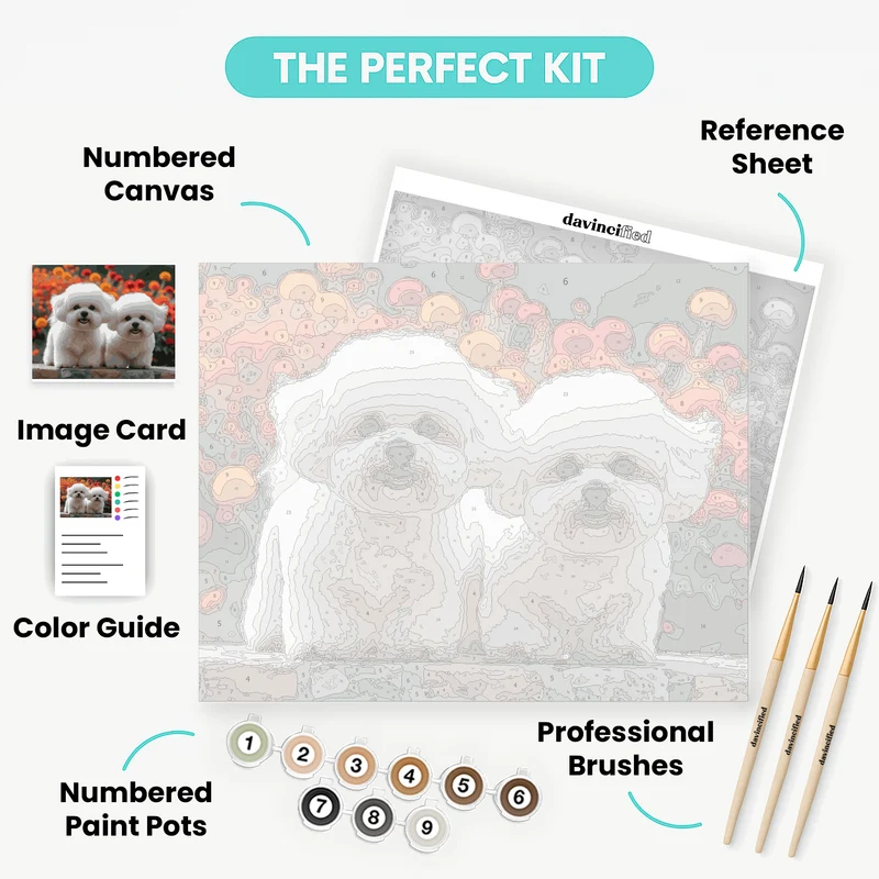 Two Adorable Bichon Frises in Flower Garden - Paint by Numbers Kit