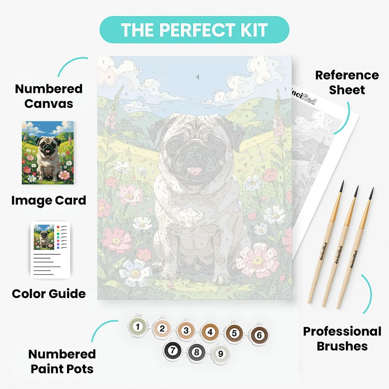 Happy Pug in a Flower Meadow - Paint by Numbers Kit