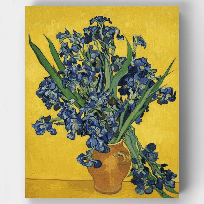 Vase with Irises Against a Yellow Background - Paint by Numbers Kit