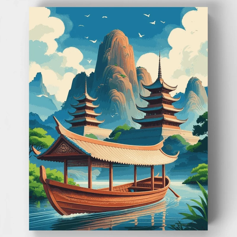 Chinese Pagoda Boat Journey - Paint by Numbers Kit
