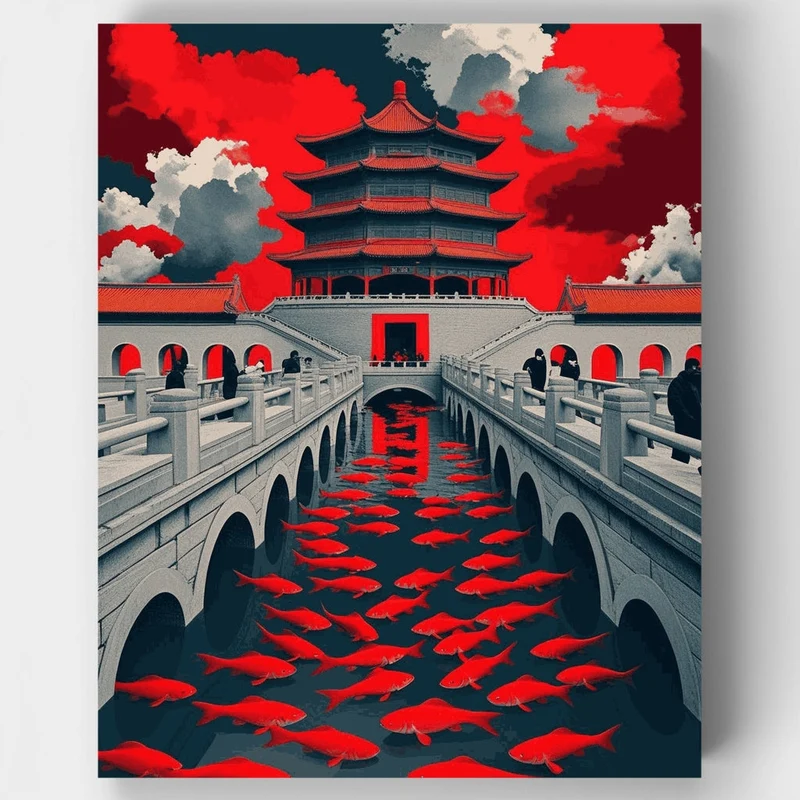 Red Koi Fish Swimming Under Traditional Chinese Pagoda - Paint by Numbers Kit