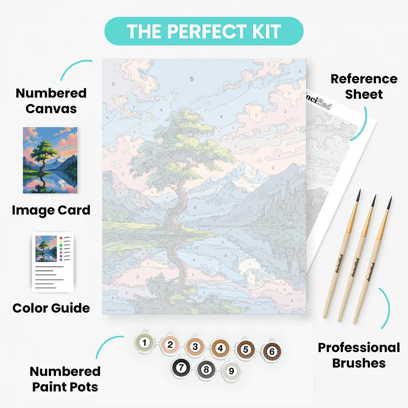 Serene Mountain Lake with Twisted Tree - Paint by Numbers Kit
