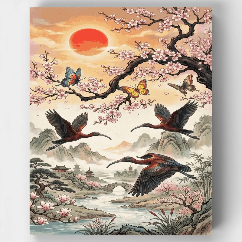 "Red Sun Over the Blossom Valley" Paint by Numbers Kit