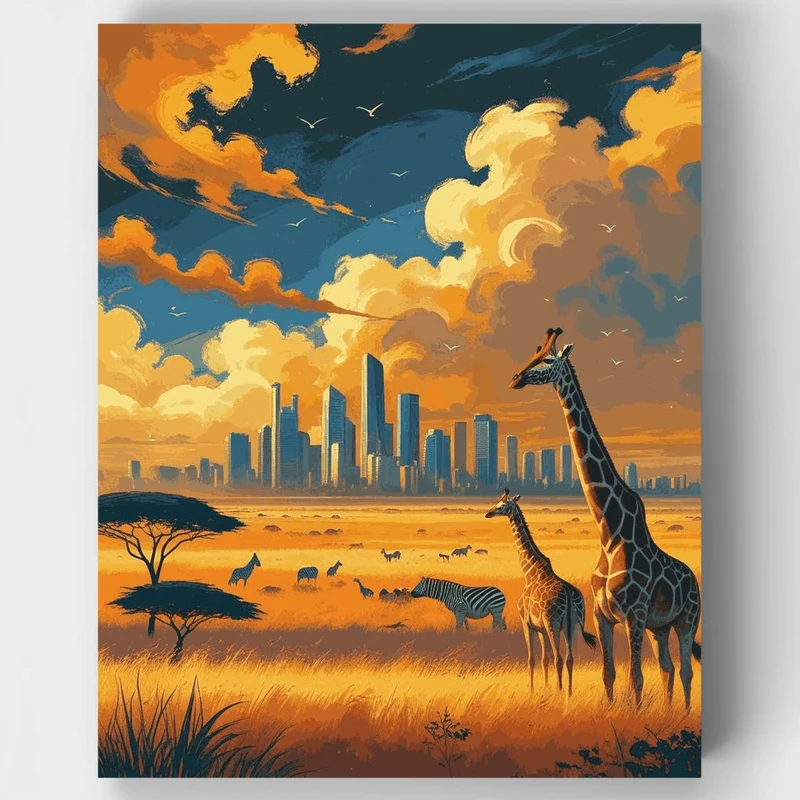 African Safari Meets Modern City - Paint by Numbers Kit