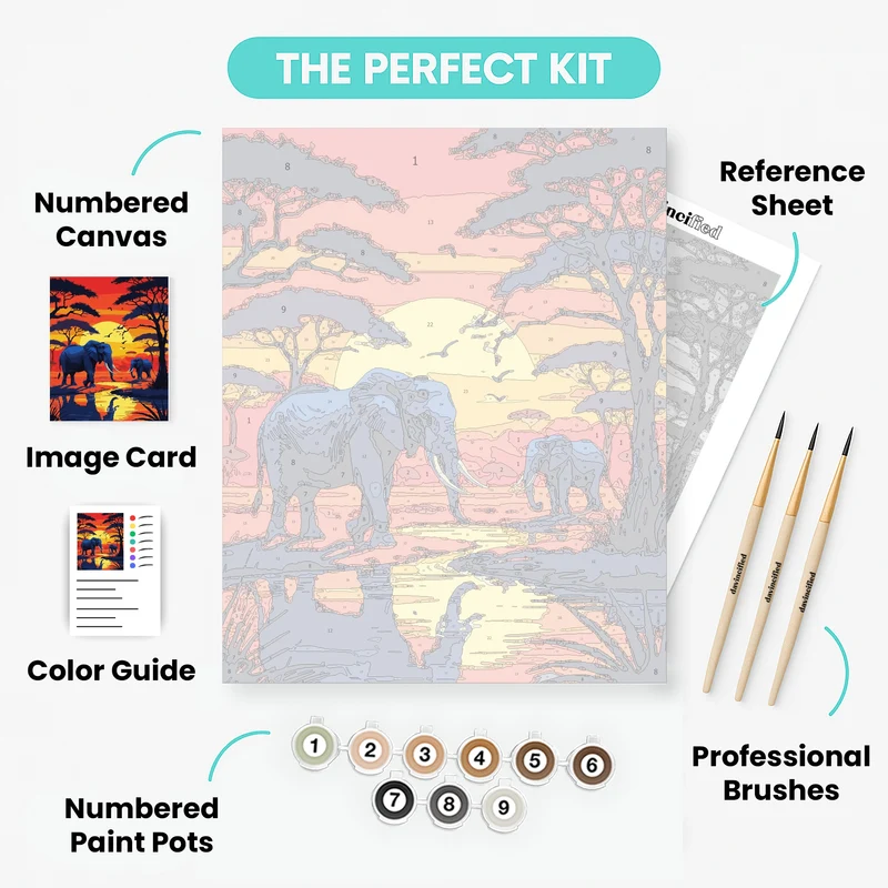 African Elephants at Sunset Watering Hole - Paint by Numbers Kit