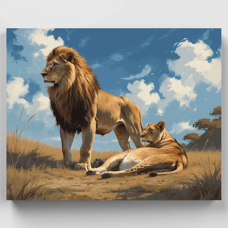 Majestic Lions on African Savanna - Paint by Numbers Kit