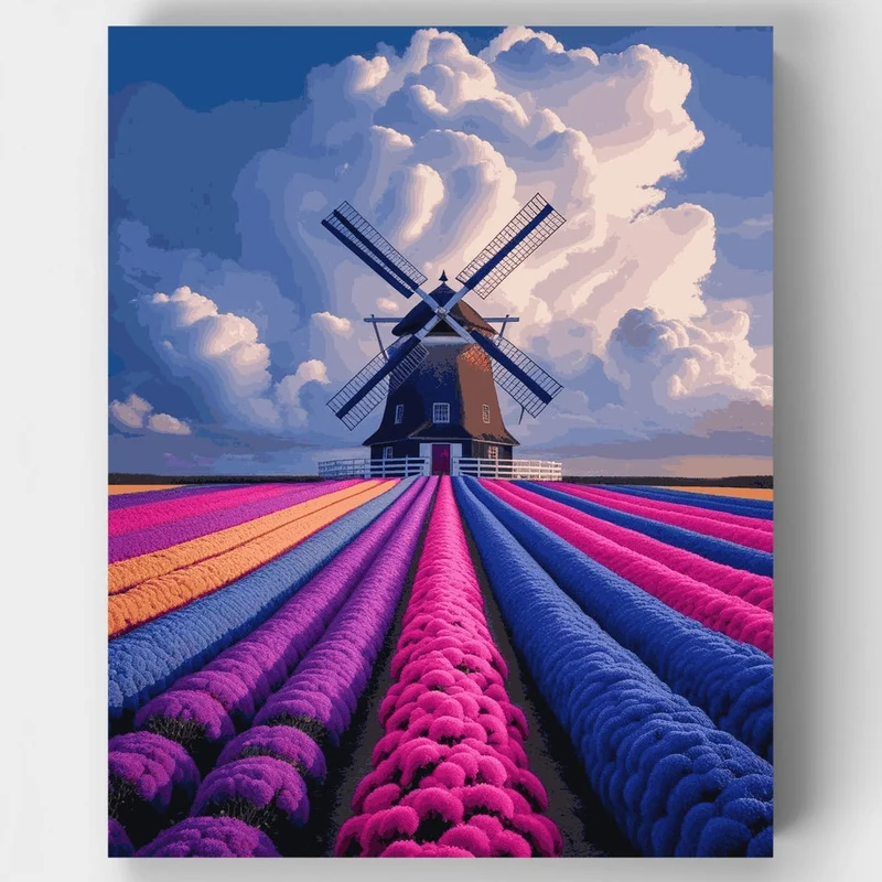 Dutch Windmill and Colorful Flower Fields - Paint by Numbers Kit