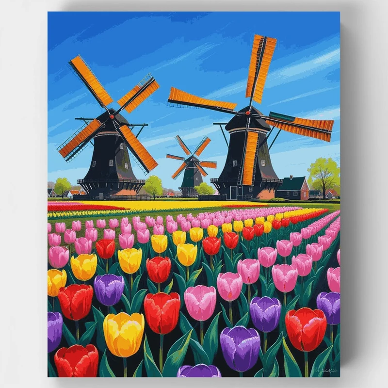 Dutch Windmills and Tulip Fields - Paint by Numbers Kit