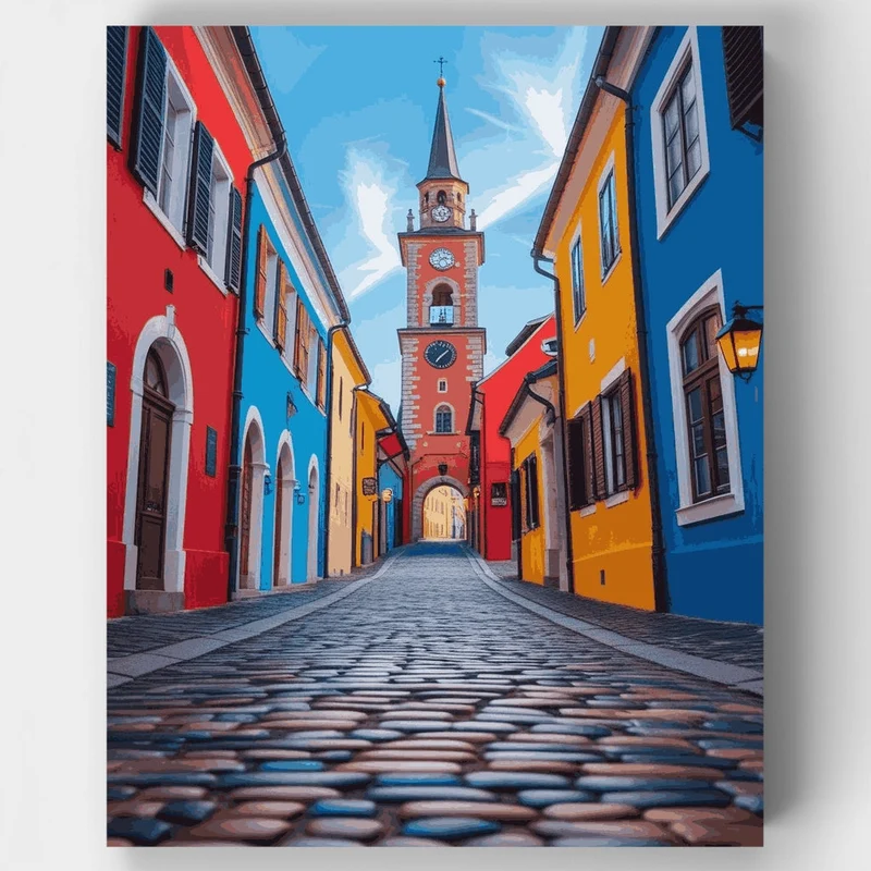 Colorful European Clock Tower Street - Paint by Numbers Kit