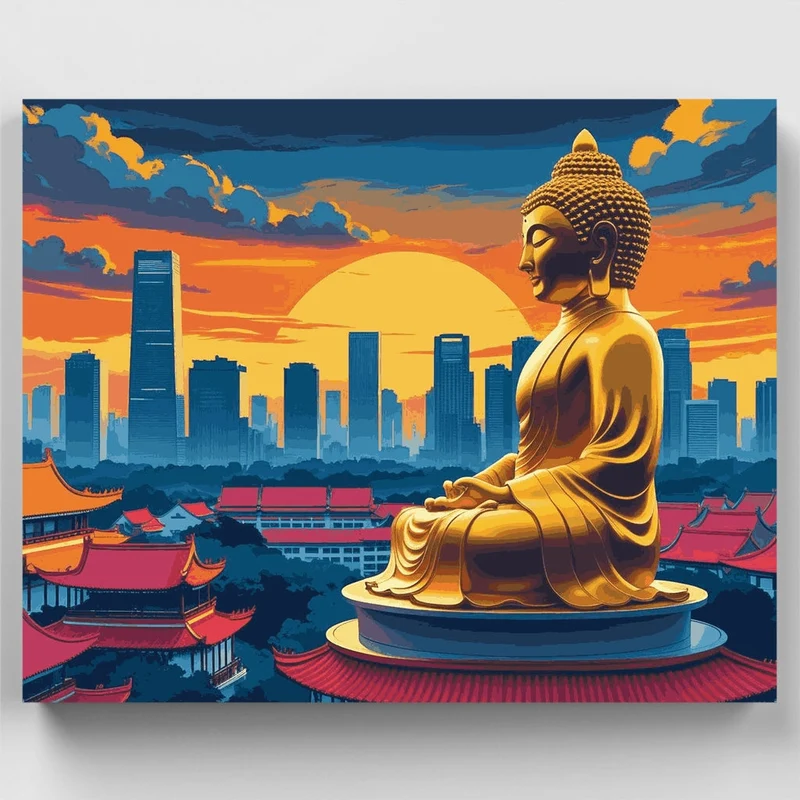 Golden Buddha Sunset Cityscape - Paint by Numbers Kit
