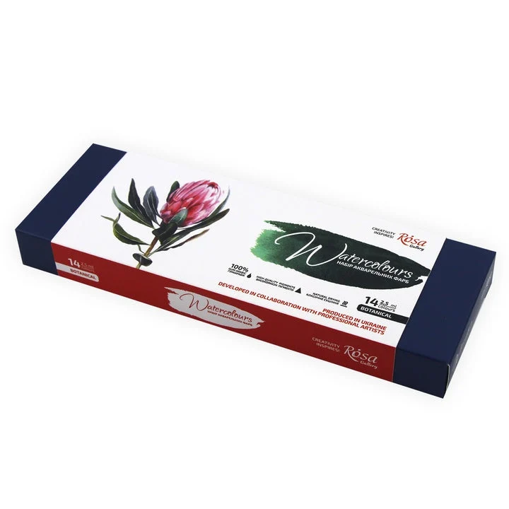 Комплект акварелни бои "Botanical" ROSA Gallery, метален куфар, 14 цвята, цели панички