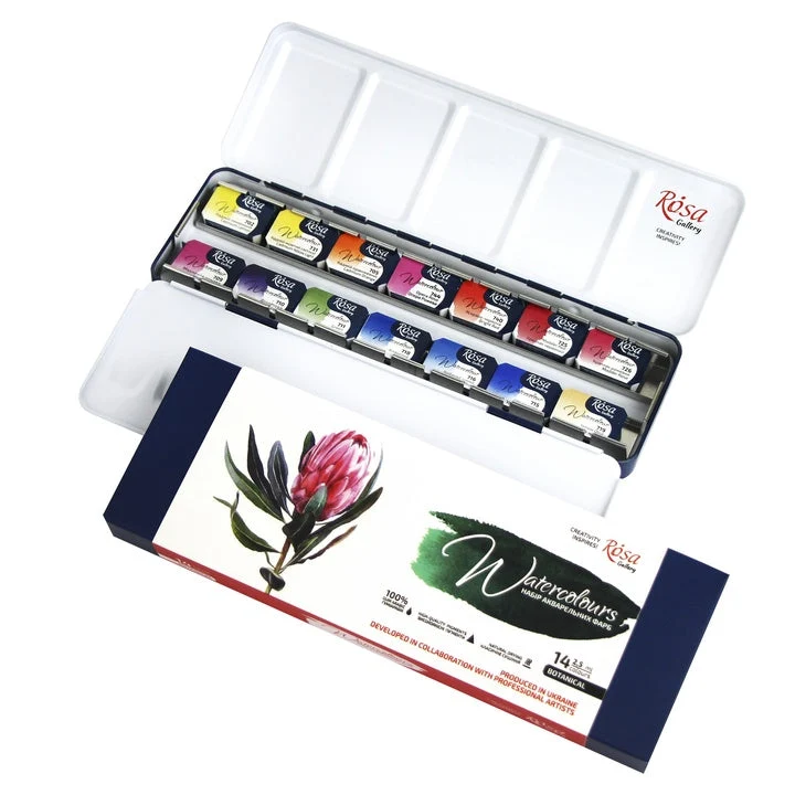 Комплект акварелни бои "Botanical" ROSA Gallery, метален куфар, 14 цвята, цели панички