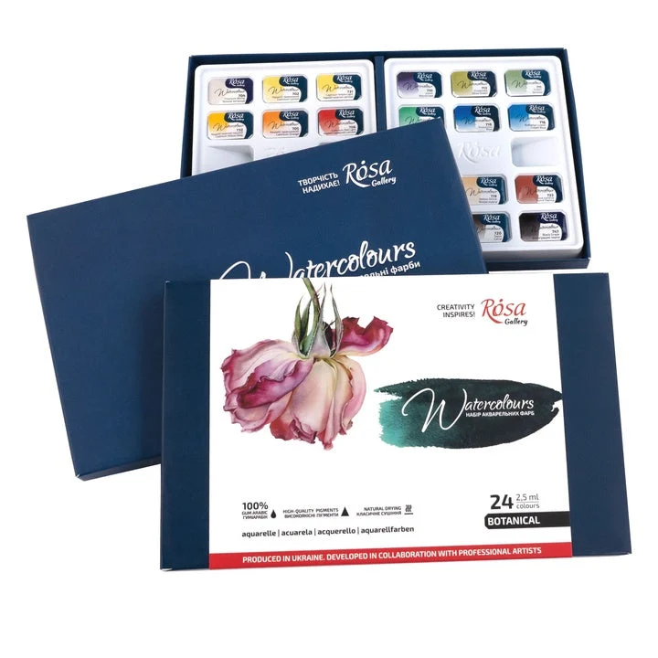 Комплект акварелни бои "Botanical", 24 цвята, цели блокчета, картон, ROSA GALLERY