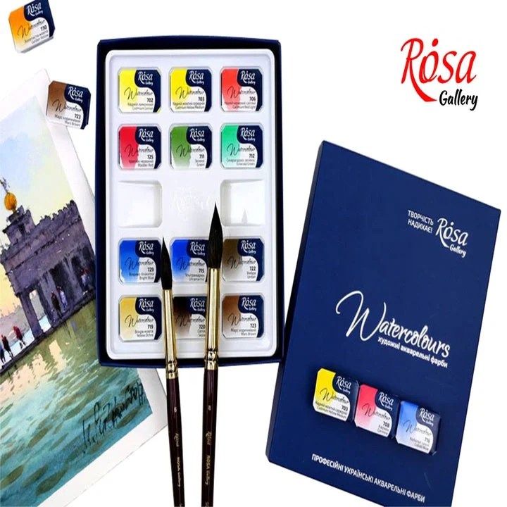 Комплект акварелни бои "Classic", 12 цвята, цели блокчета, картон, ROSA GALLERY