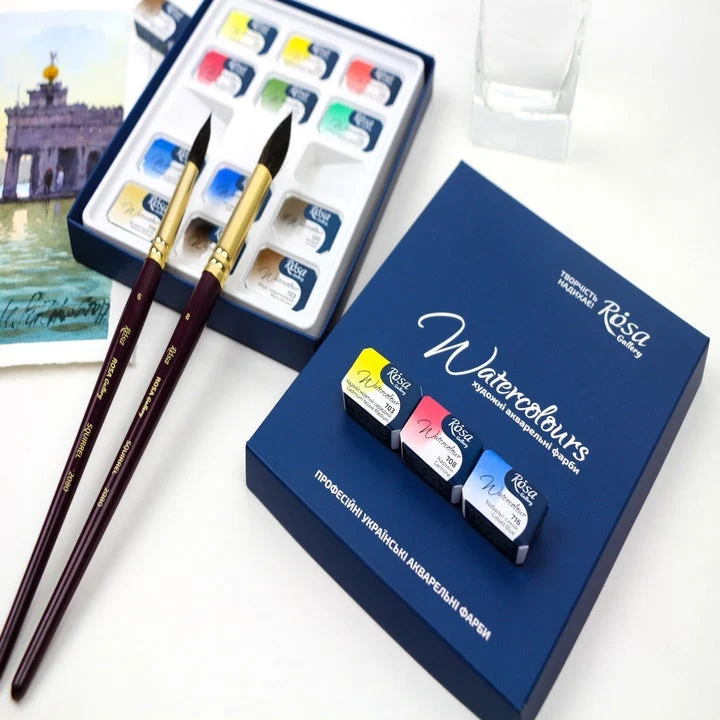 Комплект акварелни бои "Classic", 12 цвята, цели блокчета, картон, ROSA GALLERY