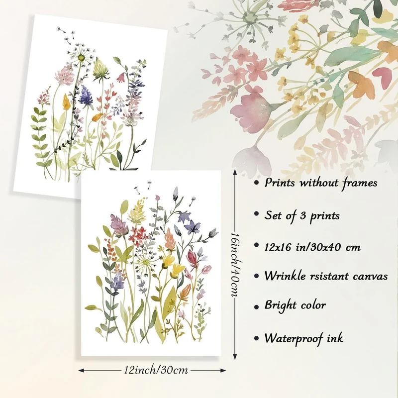Dazzlewall Aquarell Blumen Leinwandbilder Set 30x40 cm - 3