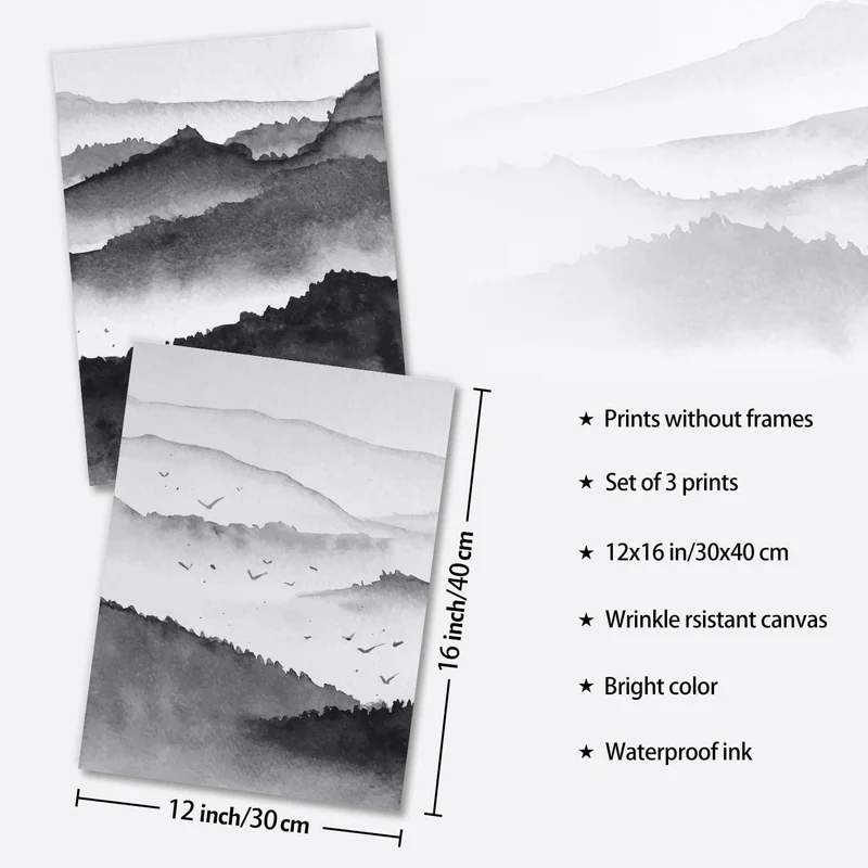 Schwarz Weiß Berg Landschaft Poster 30x40 cm 3er Set