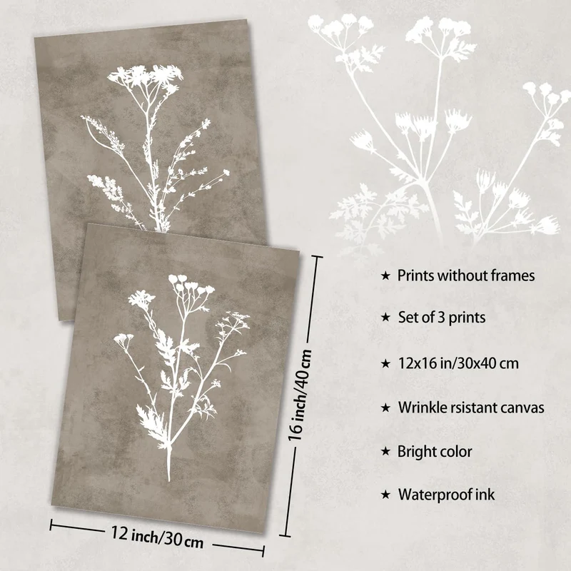 Boho Vintage Botanical Leinwand Bilder 30x40cm 3er Set