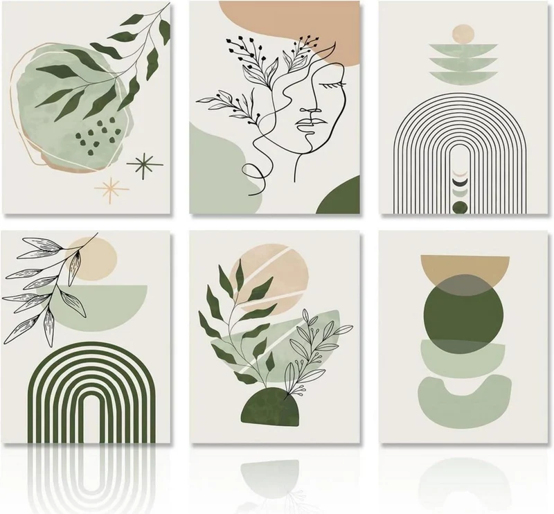 Salbeigrüne Boho Leinwand Poster Wandbilder 20x25cm 6er Set